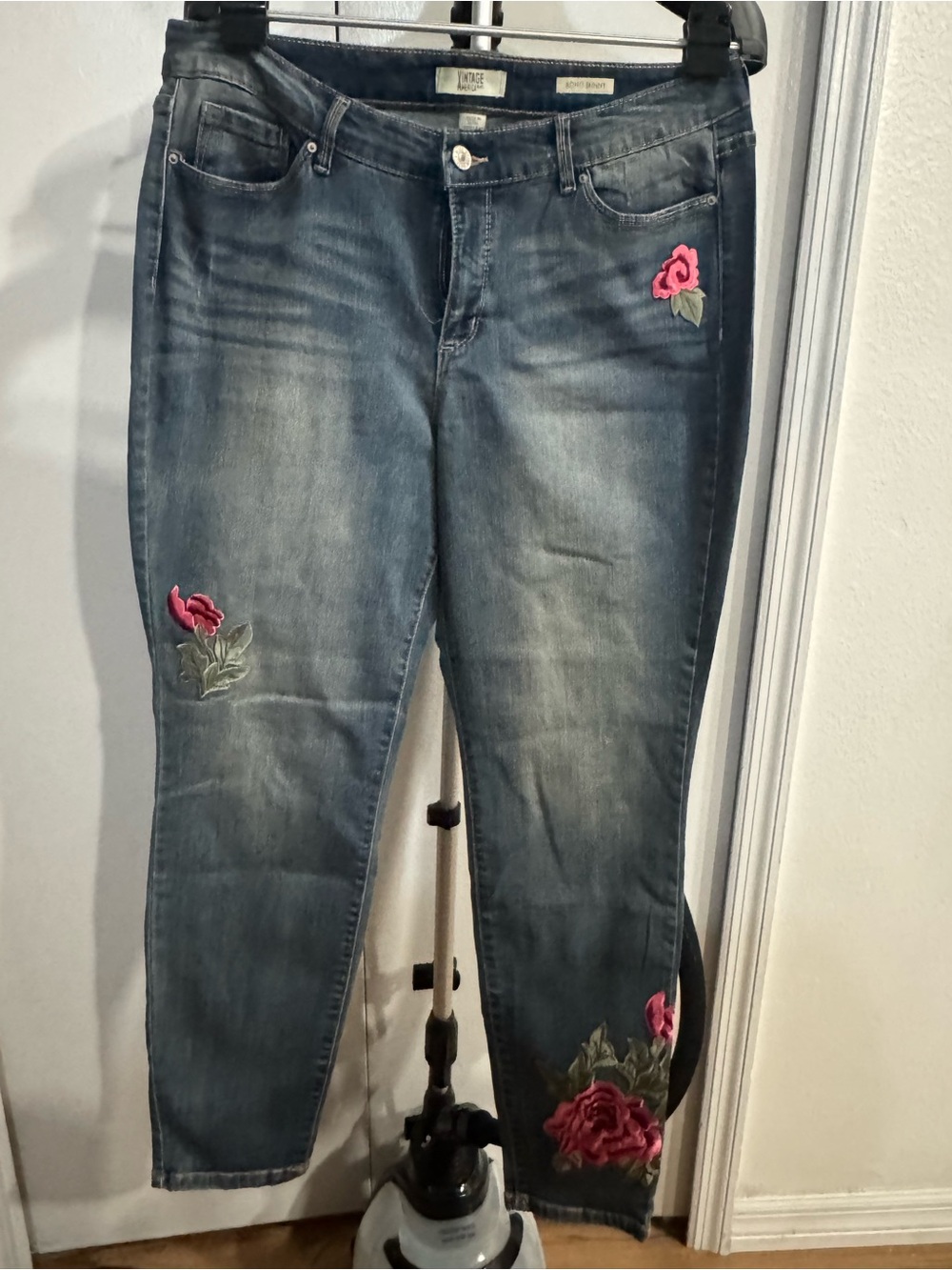 Vintage America Women's Blue Skinny Jeans with Pink Rose Embroidery Sz: 14R